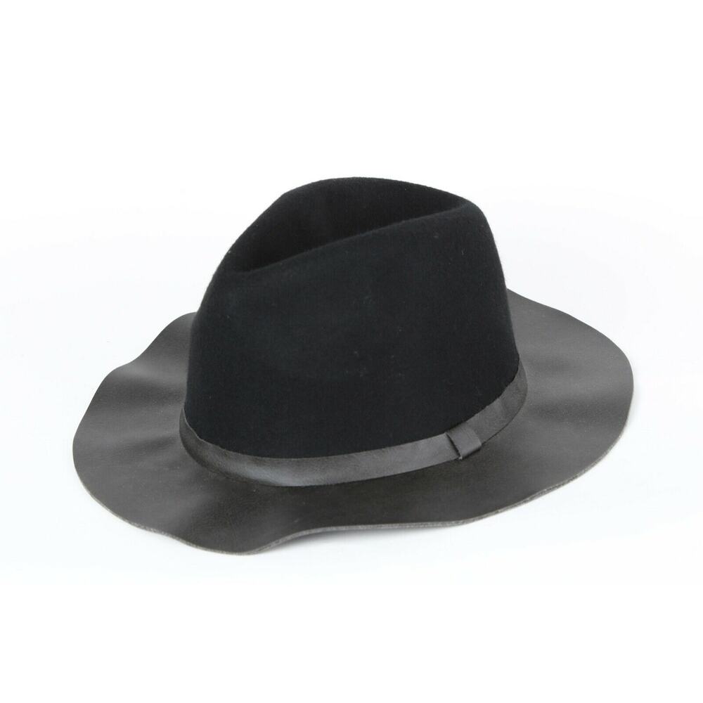 Vintage ABS Black Wool Faux Leather Fedora Hat One Size Classic Chic Style